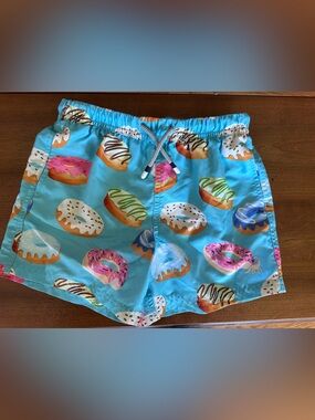 Surf Cuz Donut Print Swim Trunks in Bright Turquoise